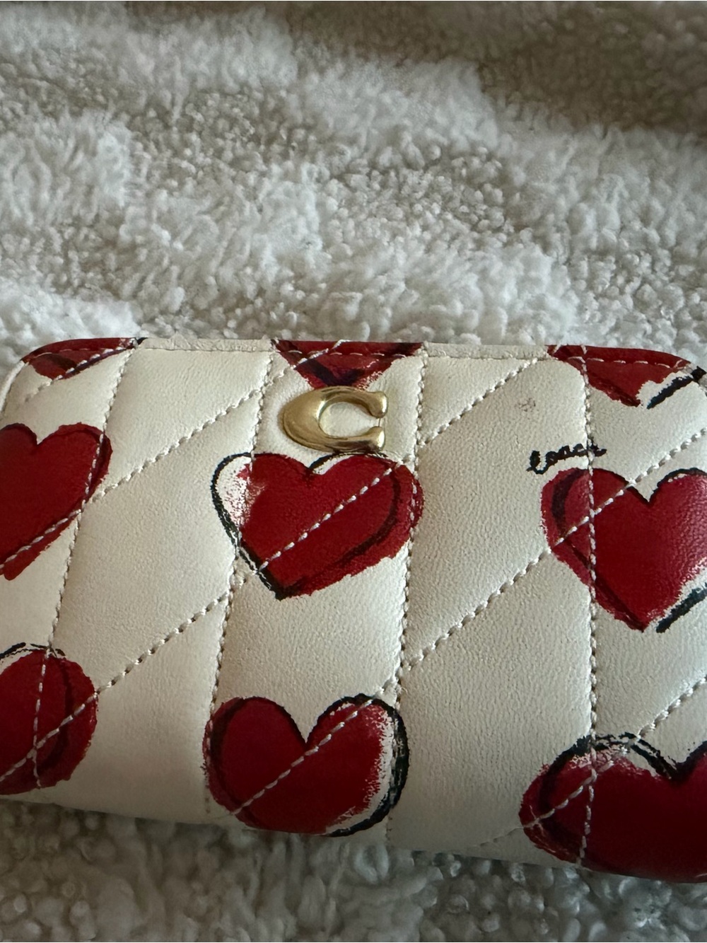 Coach Cream Quilted Wallet with Red Heart Print and Gold 'C'